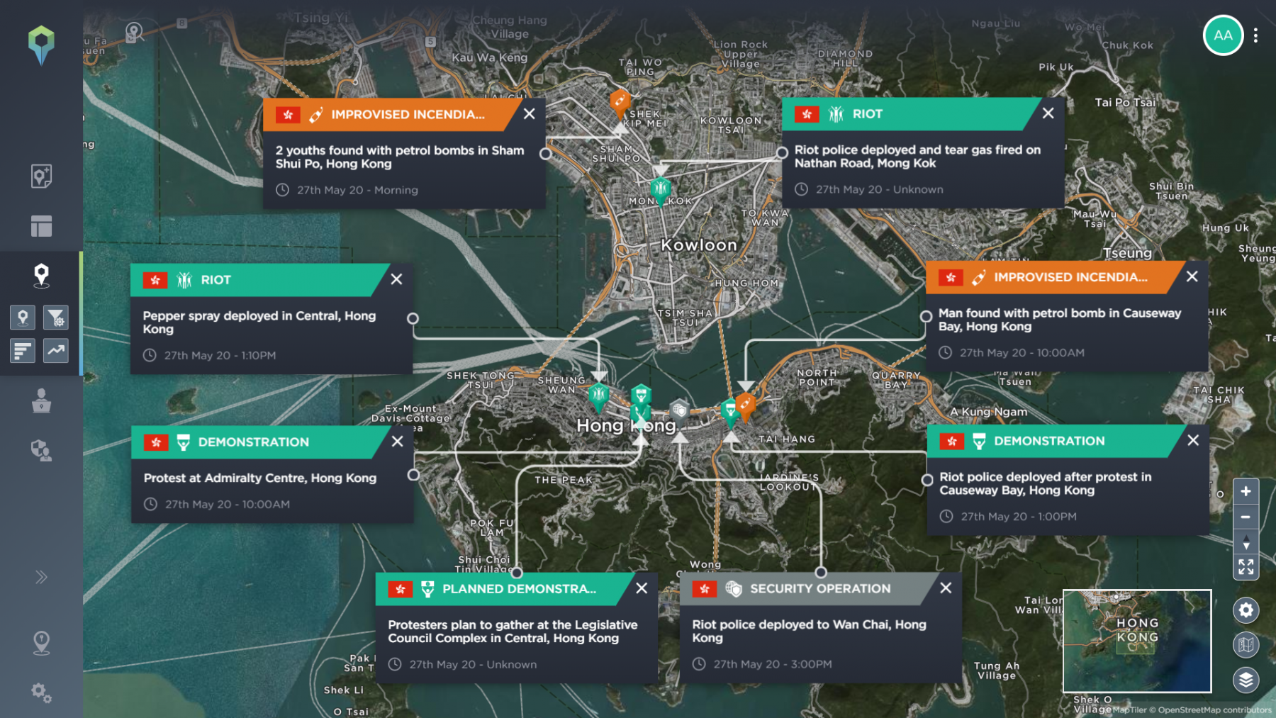 Map highlighting the reignited civil unrest across Hong Kong in May 2020